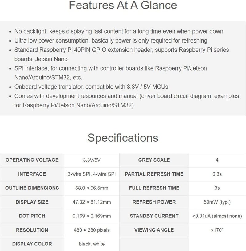 Waveshare 3.7inch E-Paper E-Ink Display HAT Compatible with Raspberry Pi4B/3B+/3B/2B/B+/A+/Zero/Zero W/WH/Zero 2W 480×280 Pixels Black/White 4 Grey Scales SPI Interface Supports Partial Refresh - Image 4